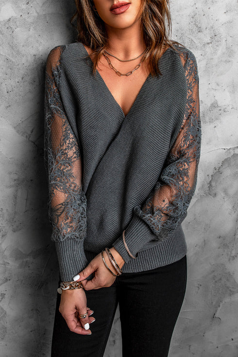 Sexy V Neck Surplice Hollow-Out Sweater With Lace Sleeves
